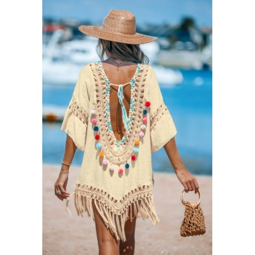 Cupshe‎ Swim Cover Up Women Medium Cream Crochet Pom Pom Fringe Boho Bell Sleeve